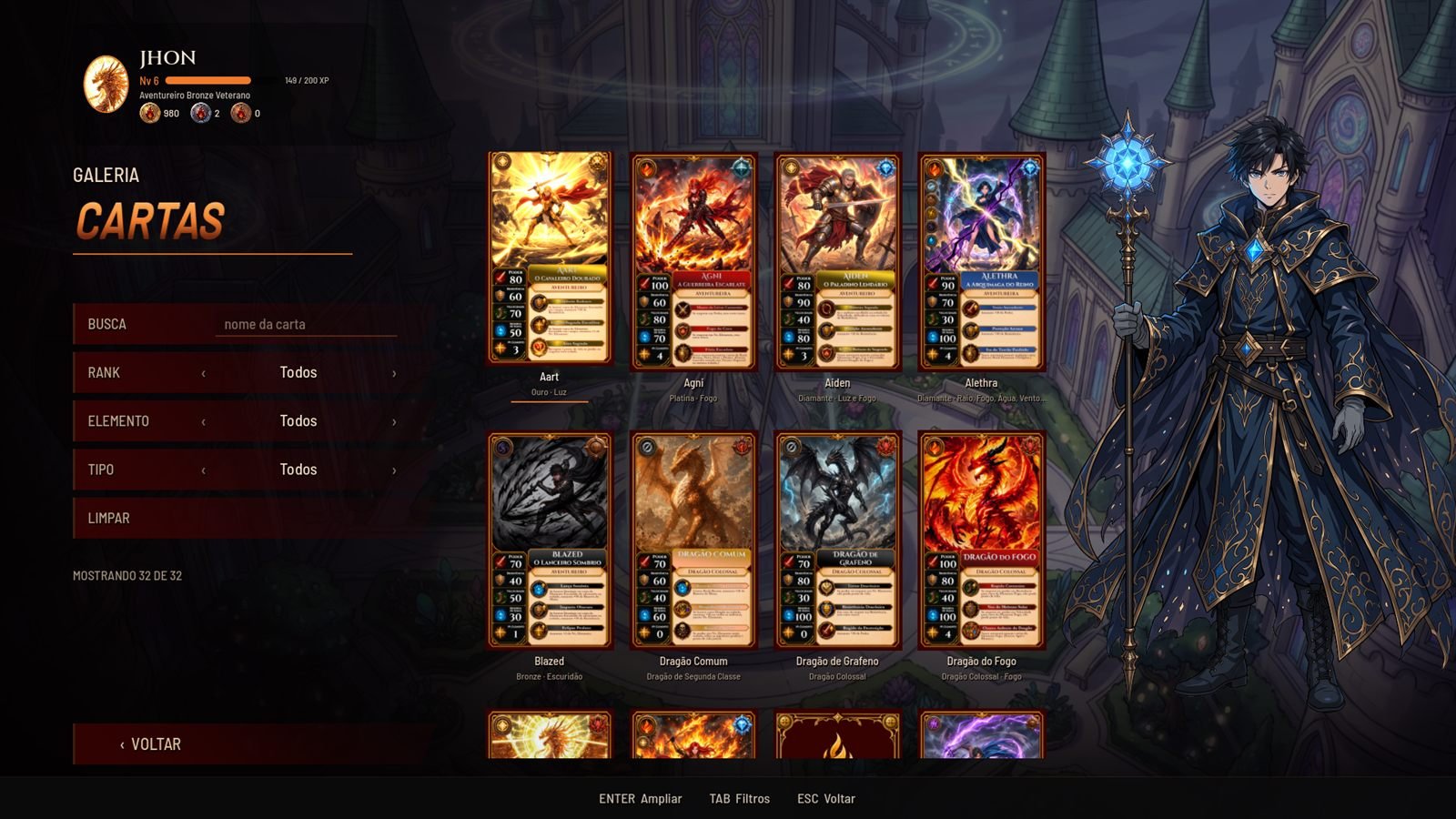 Galeria de cartas do jogo, com filtros por Rank, Elemento e Tipo à esquerda e a grade das trinta e duas cartas à direita.